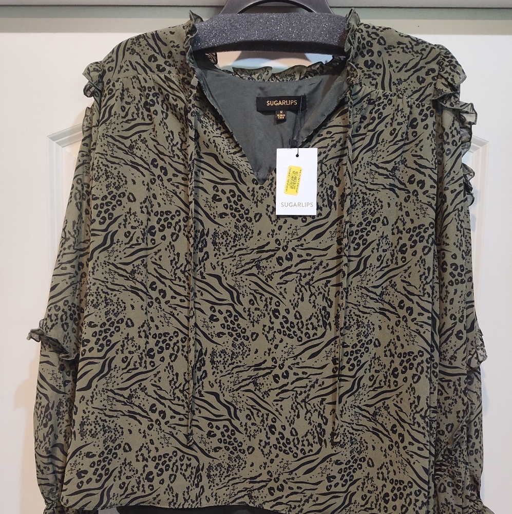 Sugarlips Olive Animal Print Blouse